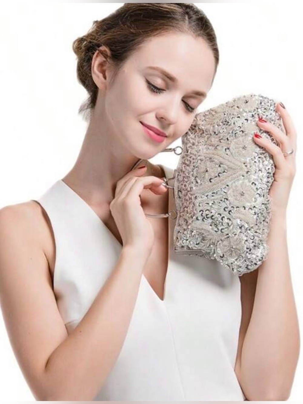 Silver beaded clutch prom wedding bag - Picture 7 of 7